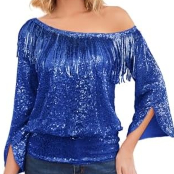 KANCY KOLE Blue Sequin Fringe One Shoulder Top Sparkly Bell Sleeve - Picture 1 of 7